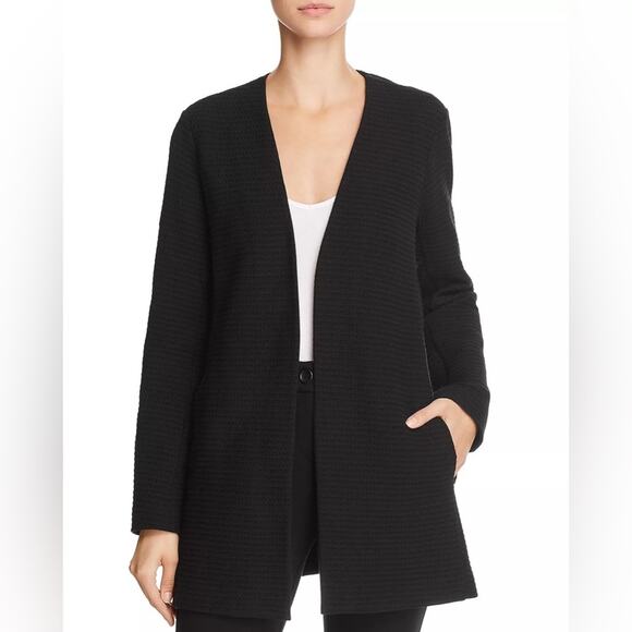 Eileen Fisher Black Geometric Cardi Jacket Small Stretch Textured Open Lagenlook - Picture 2 of 15